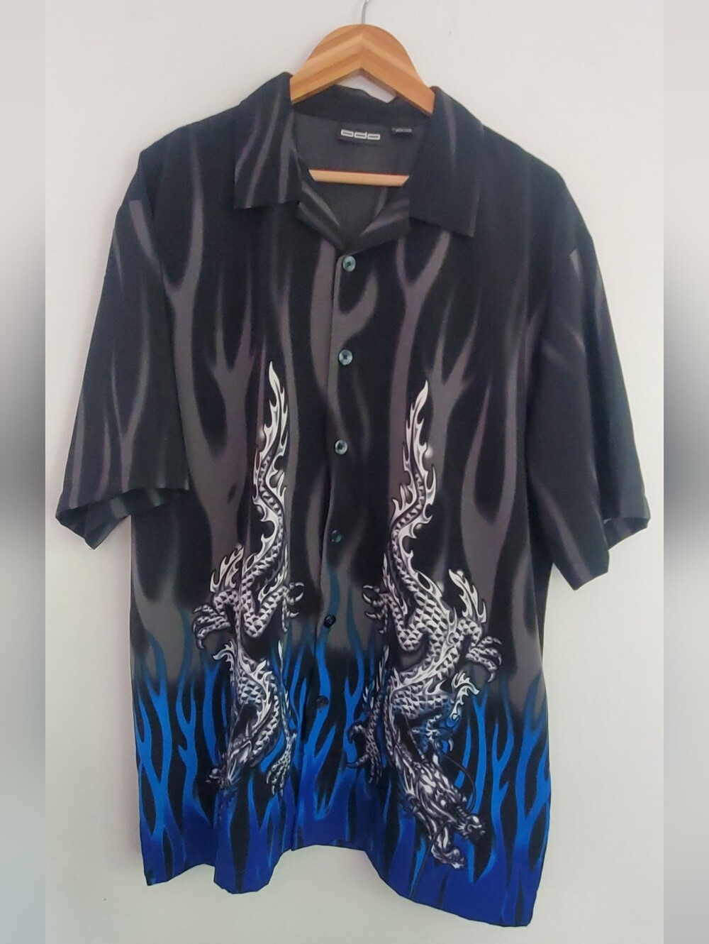 ODO Y2k Black Shirt with Blue Flame & Dragon Motif Size XL - Picture 1 of 6